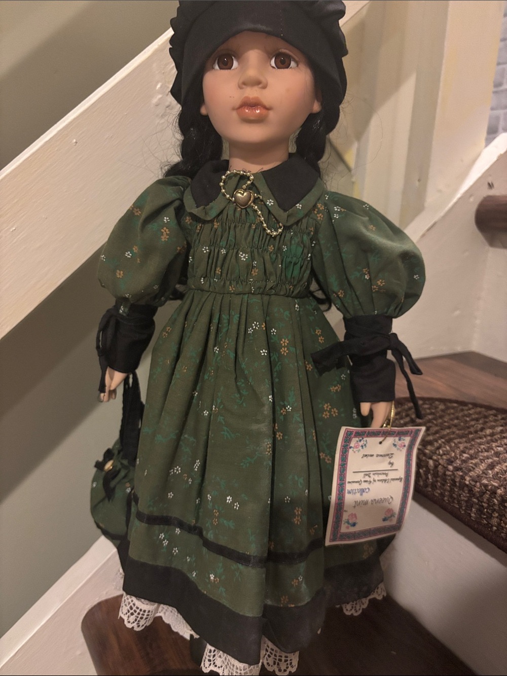 Green Porcelain Doll in Floral Dress with Black Accents